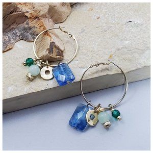 Colorful Blue And Green Beaded Gold Hoop Earrings